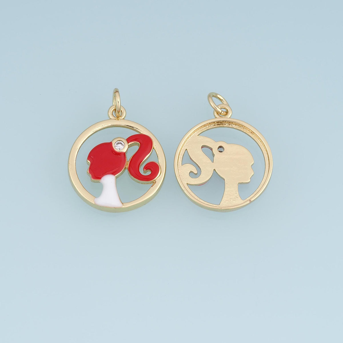 18K Gold Filled Girl Silhouette Charm,Enamel Ponytail Girl Pendant,Red Pink Black Female Profile Charm,DIY Jewelry Supply