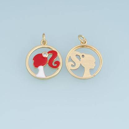 18K Gold Filled Girl Silhouette Charm,Enamel Ponytail Girl Pendant,Red Pink Black Female Profile Charm,DIY Jewelry Supply