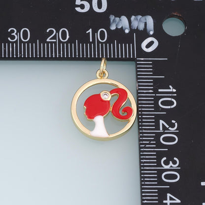 18K Gold Filled Girl Silhouette Charm,Enamel Ponytail Girl Pendant,Red Pink Black Female Profile Charm,DIY Jewelry Supply