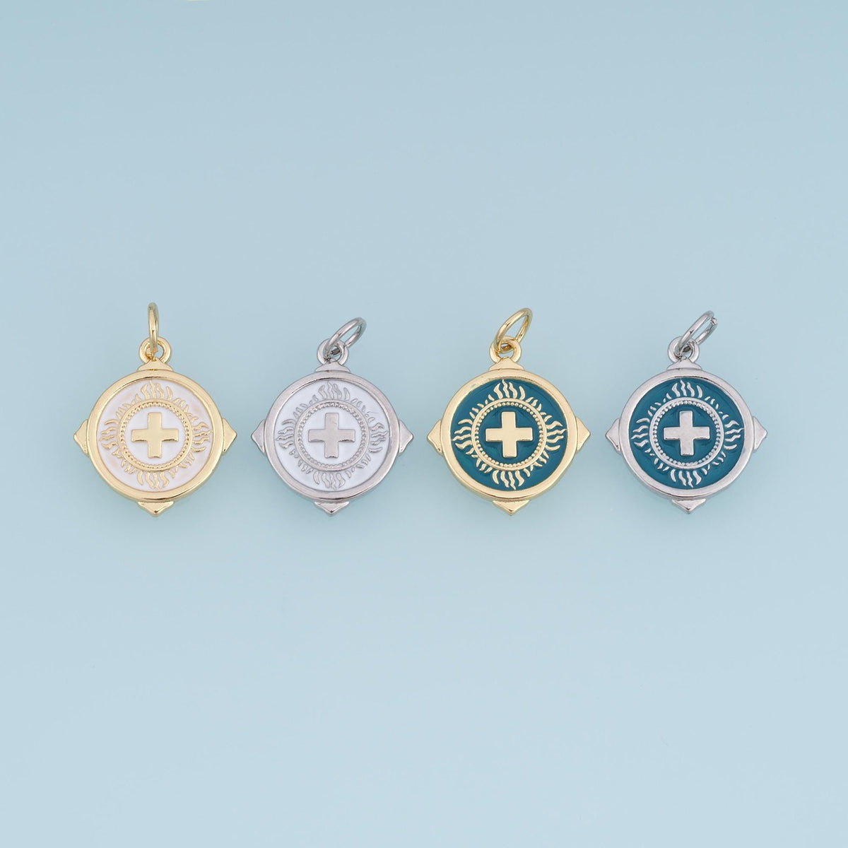 18K Gold Filled Cross Charm,Round Sunburst Pendant,White Teal Enamel Cross Charm,DIY Necklace Bracelet Jewelry Making Supply