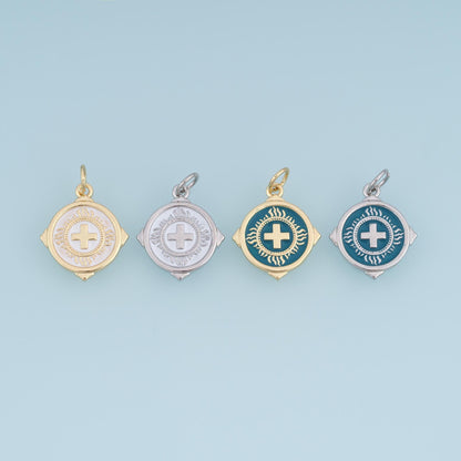18K Gold Filled Cross Charm,Round Sunburst Pendant,White Teal Enamel Cross Charm,DIY Necklace Bracelet Jewelry Making Supply