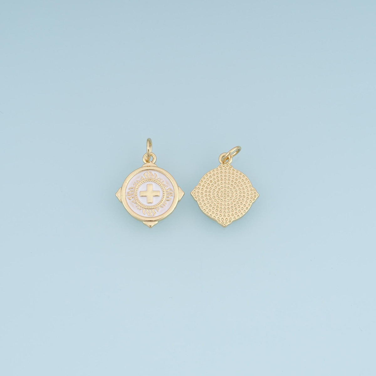 18K Gold Filled Cross Charm,Round Sunburst Pendant,White Teal Enamel Cross Charm,DIY Necklace Bracelet Jewelry Making Supply