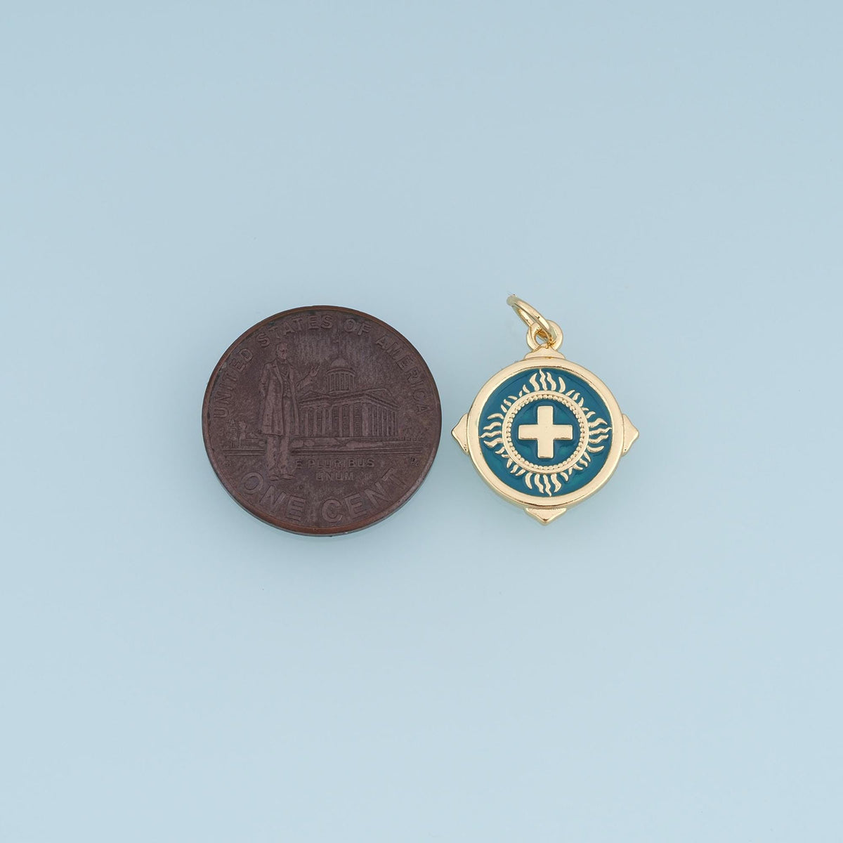 18K Gold Filled Cross Charm,Round Sunburst Pendant,White Teal Enamel Cross Charm,DIY Necklace Bracelet Jewelry Making Supply