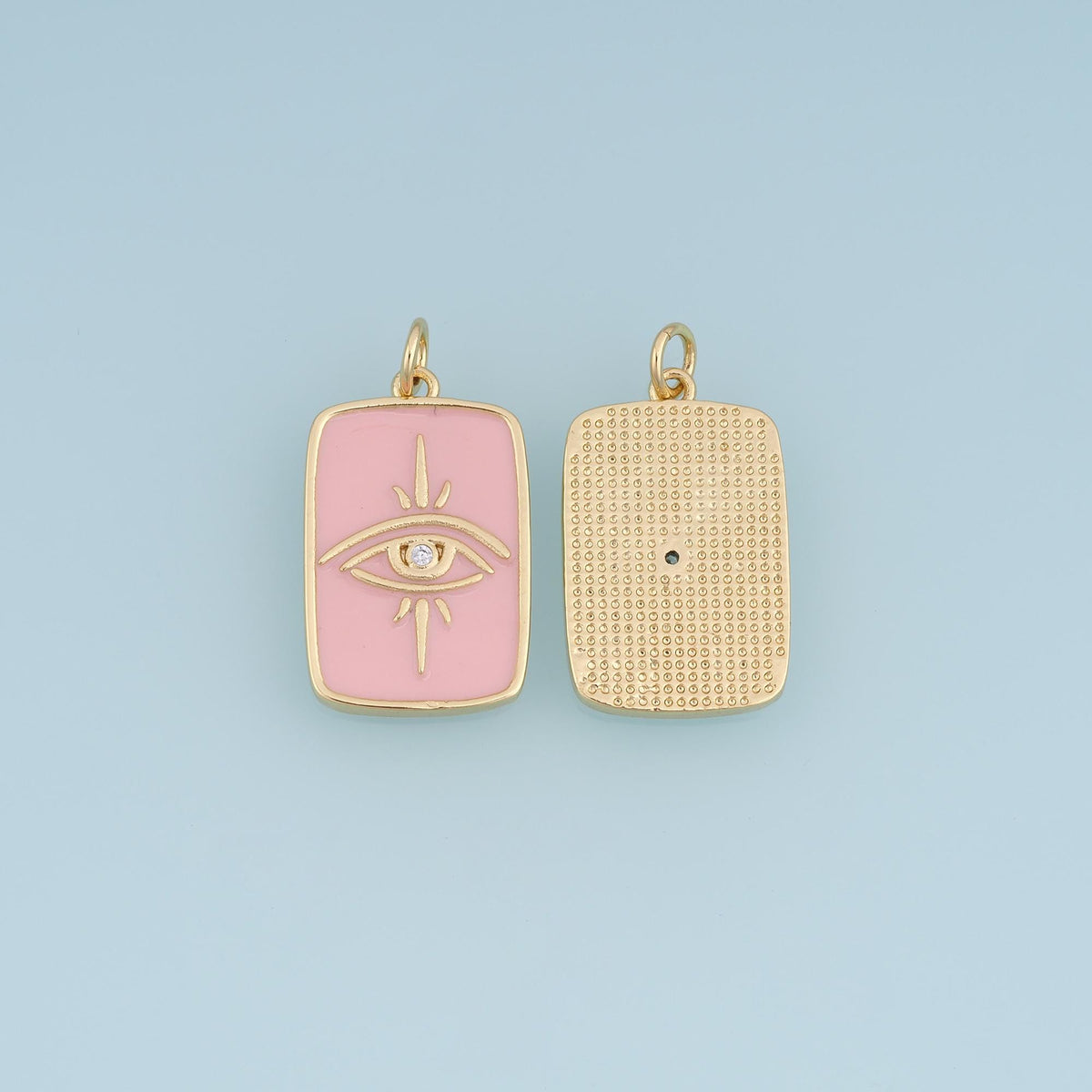 18K Gold Filled Evil Eye Charm,CZ Enamel Eye Pendant,Pink White Eye Charm,Rectangular Talisman Charm,DIY Jewelry Supply
