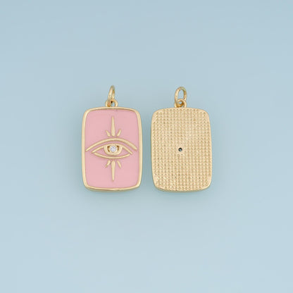 18K Gold Filled Evil Eye Charm,CZ Enamel Eye Pendant,Pink White Eye Charm,Rectangular Talisman Charm,DIY Jewelry Supply