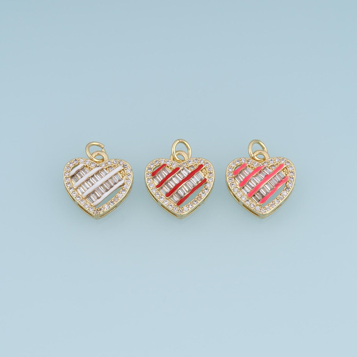 18K Gold Filled CZ Heart Charm,Baguette Stone Heart Pendant,Red Pink Enamel Heart Charm,DIY Necklace Bracelet Jewelry Supply