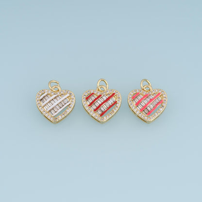 18K Gold Filled CZ Heart Charm,Baguette Stone Heart Pendant,Red Pink Enamel Heart Charm,DIY Necklace Bracelet Jewelry Supply
