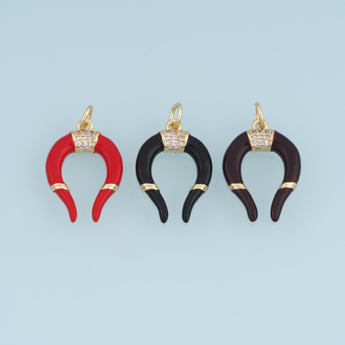18K Gold Filled Horn Charm,CZ Enamel Crescent Pendant,Red Black Brown Horn Charm,DIY Necklace Bracelet Jewelry Making Supply