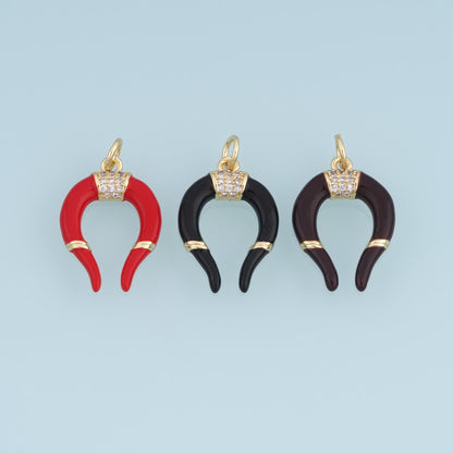 18K Gold Filled Horn Charm,CZ Enamel Crescent Pendant,Red Black Brown Horn Charm,DIY Necklace Bracelet Jewelry Making Supply