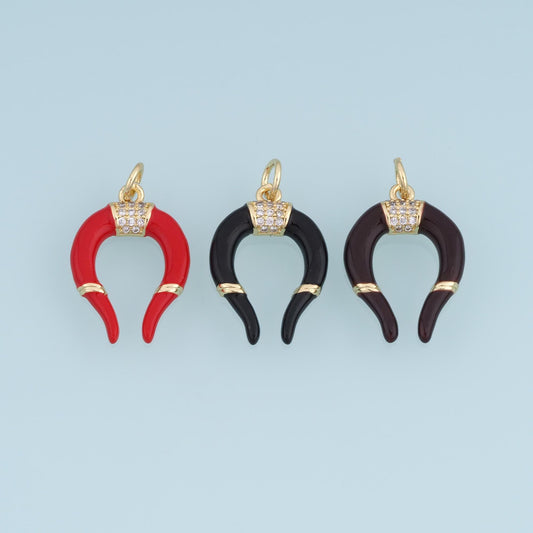 18K Gold Filled Horn Charm,CZ Enamel Crescent Pendant,Red Black Brown Horn Charm,DIY Necklace Bracelet Jewelry Making Supply