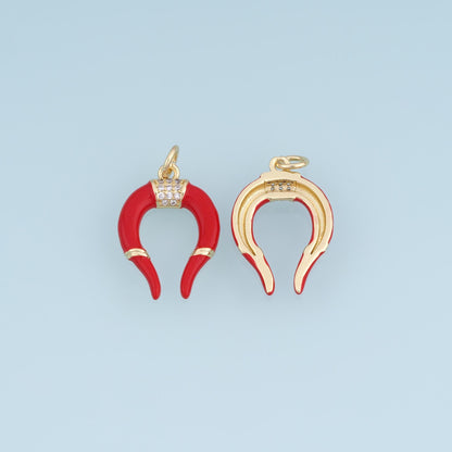 18K Gold Filled Horn Charm,CZ Enamel Crescent Pendant,Red Black Brown Horn Charm,DIY Necklace Bracelet Jewelry Making Supply