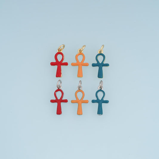 18K Gold Filled Ankh Charm,Enamel Egyptian Cross Pendant,Red Orange Blue Ankh Charm,DIY Necklace Bracelet Jewelry Making Supp