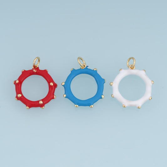 18K Gold Filled Studded Ring Charm,Enamel Circle Pendant,Red Blue White Round Charm,DIY Necklace Bracelet Jewelry Making Supp