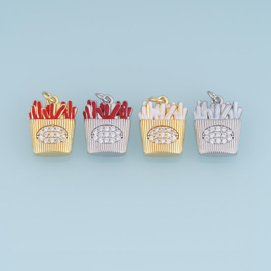 18K Gold Filled French Fries Charm,CZ Enamel Fries Pendant,Red White Fast Food Charm,DIY Necklace Bracelet Jewelry Supply