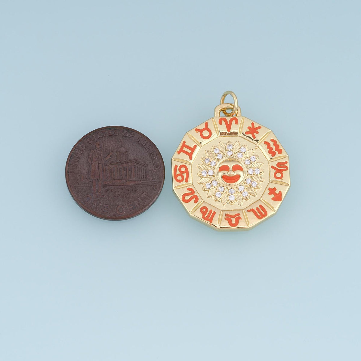 18K Gold Filled Zodiac Wheel Charm,CZ Astrology Sun Pendant,Enamel Horoscope Charm,Celestial Jewelry Making Supply