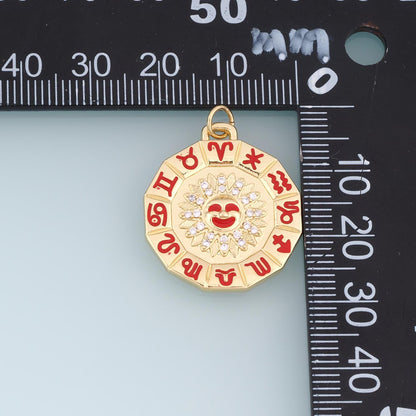 18K Gold Filled Zodiac Wheel Charm,CZ Astrology Sun Pendant,Enamel Horoscope Charm,Celestial Jewelry Making Supply