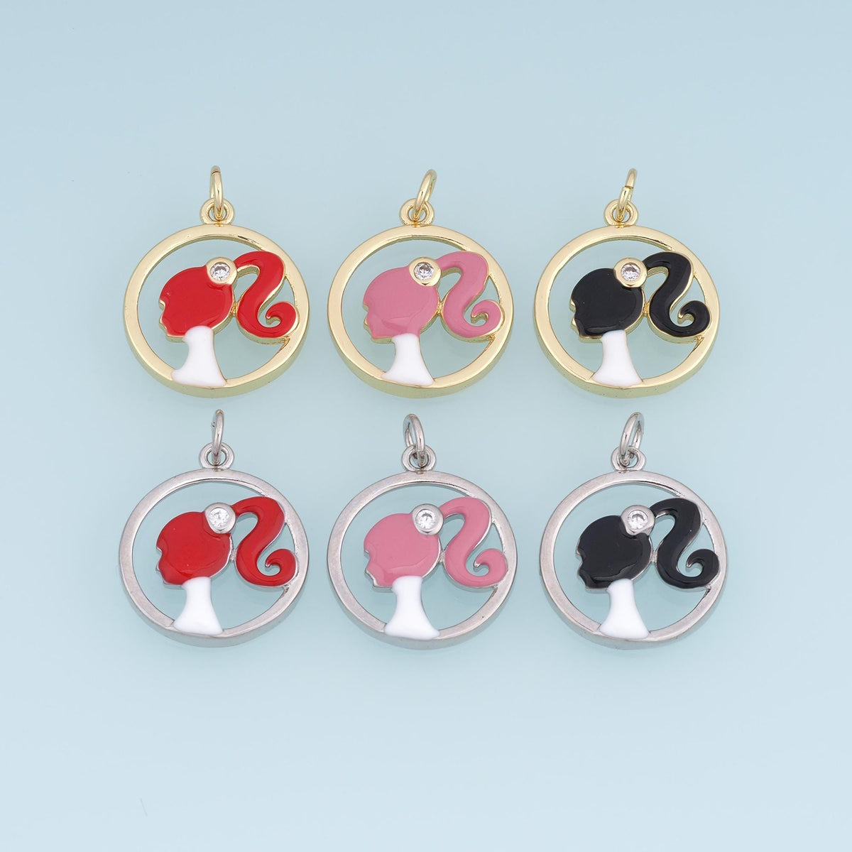 18K Gold Filled Girl Silhouette Charm,Enamel Ponytail Girl Pendant,Red Pink Black Female Profile Charm,DIY Jewelry Supply