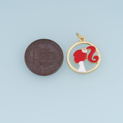 18K Gold Filled Girl Silhouette Charm,Enamel Ponytail Girl Pendant,Red Pink Black Female Profile Charm,DIY Jewelry Supply